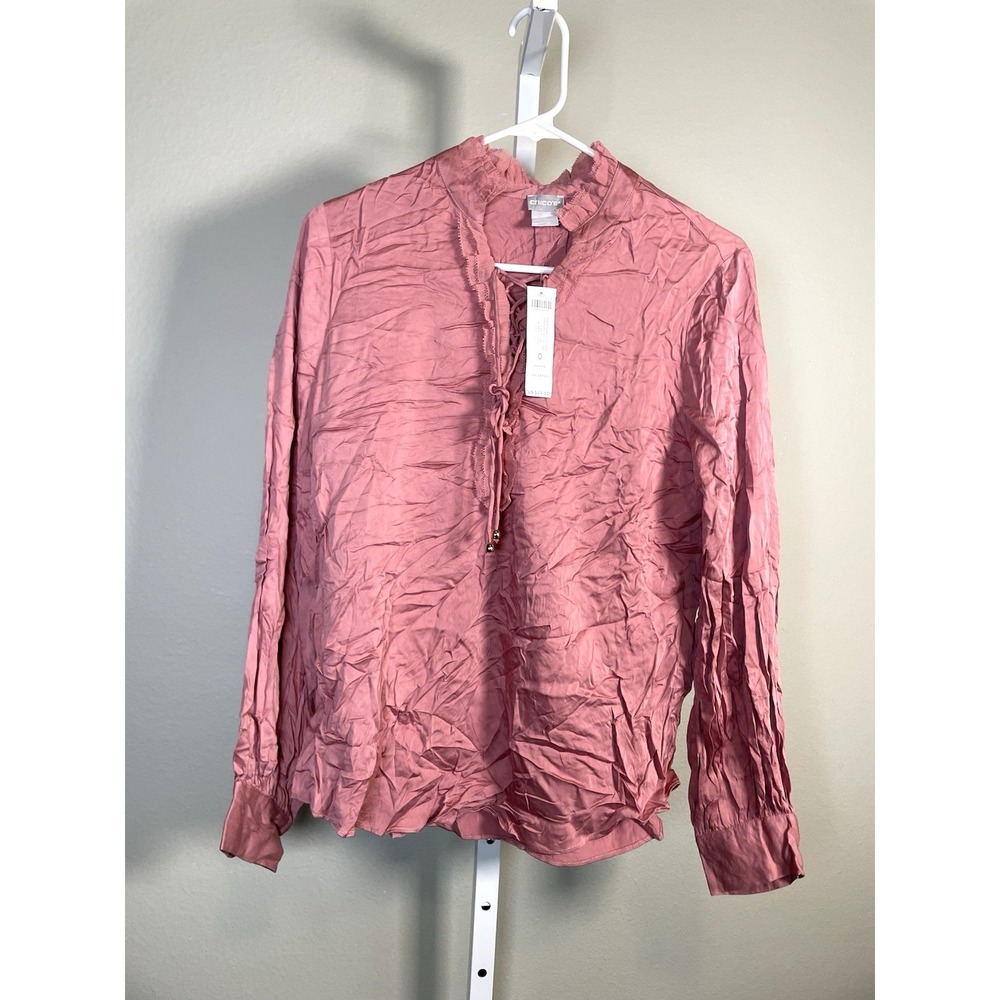 NEW Chico's Blouse 0 Small Rose Pink Satin Modal Ruffle Tie Neck Pullover Shirt